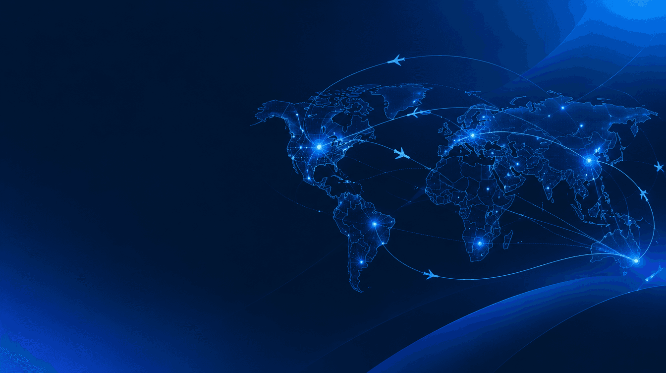 Composição editorial abstrata representando conexões globais de carreira, com um mapa-múndi estilizado em tons de azul.